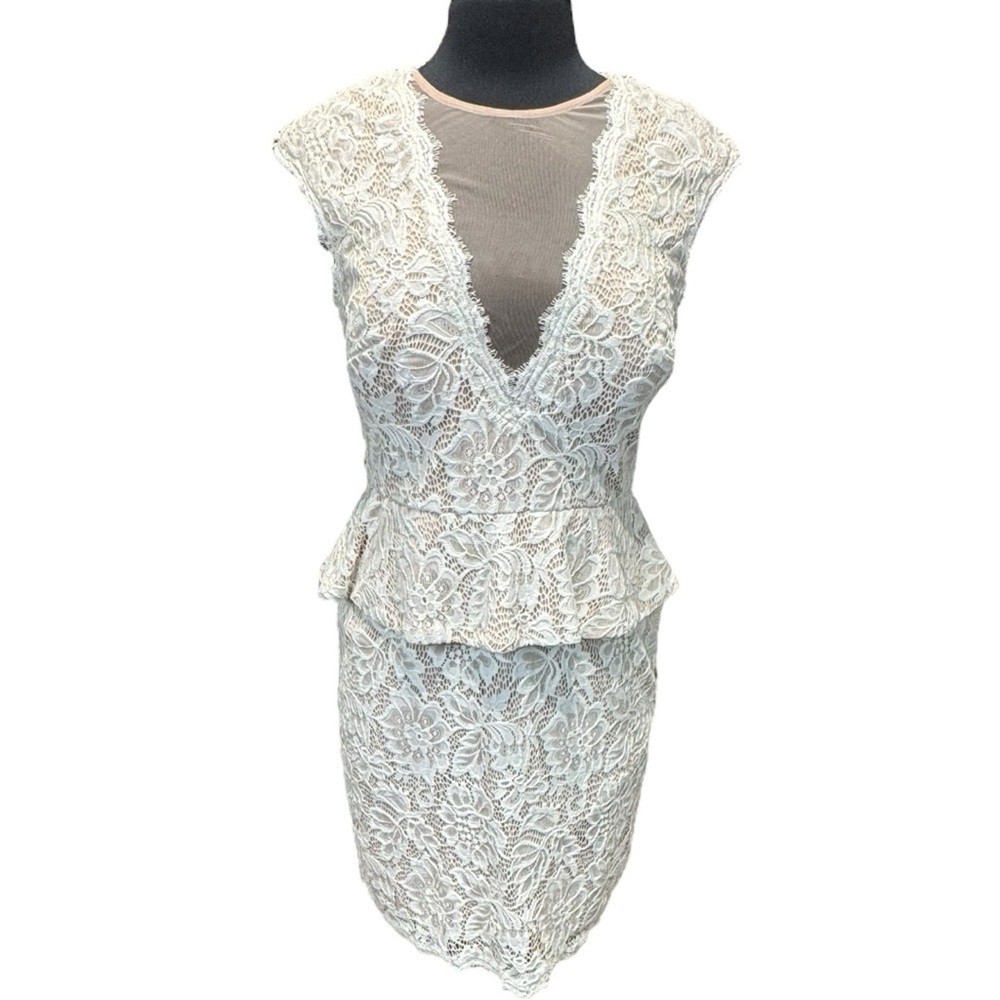 Betsy & Adam White/Blush Lace Peplum Illusion Sheath Dress Size 12